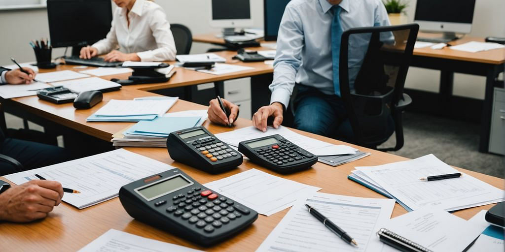 Office with employees, paperwork, and a calculator.