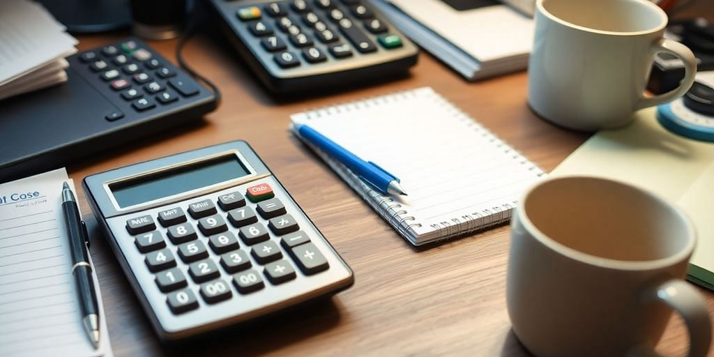 A small business workspace with a calculator and notepad.
