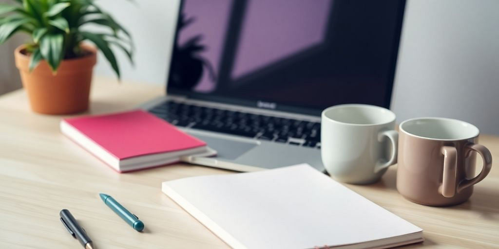A workspace with a laptop and notebook on a table.