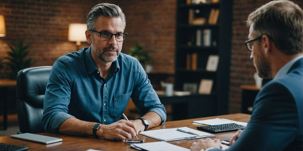 Small business owner consulting with financial expert for advice.
