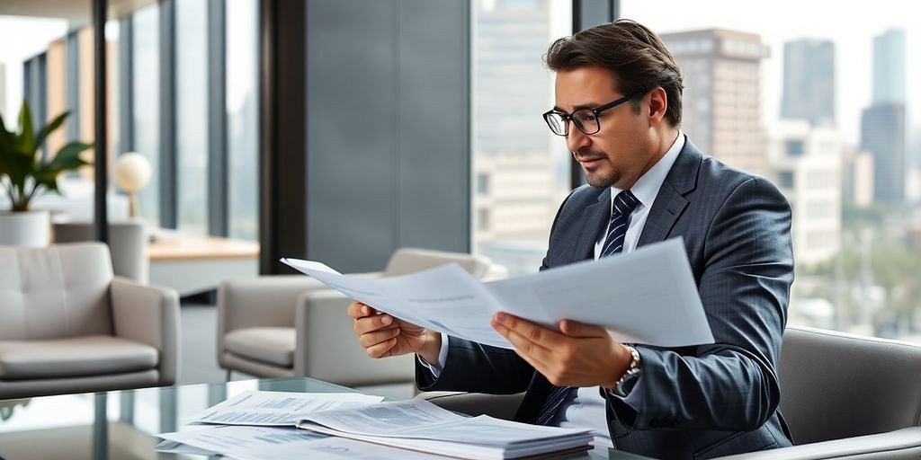 CFO in office analyzing financial reports.