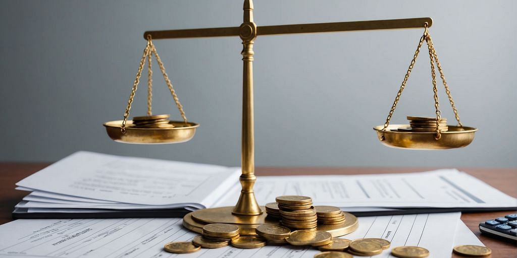 Balanced scale with coins and financial documents