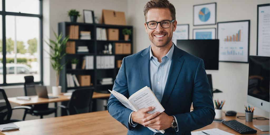 Entrepreneur with accounting book in office.