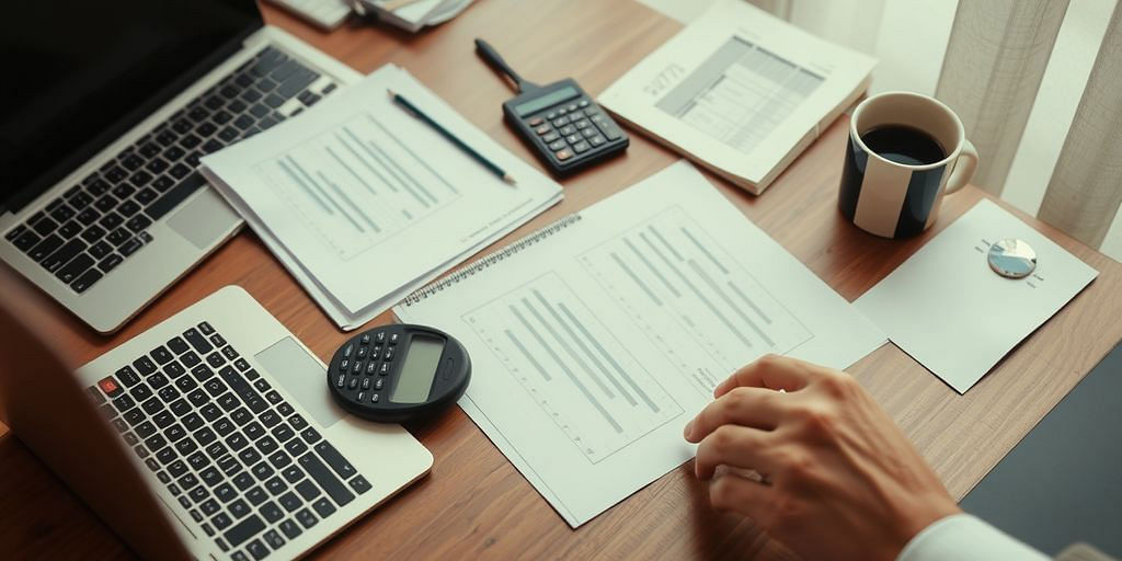 Business owner organizing financial documents at desk.
