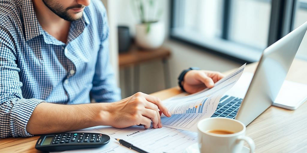Business owner reviewing financial documents at desk.
