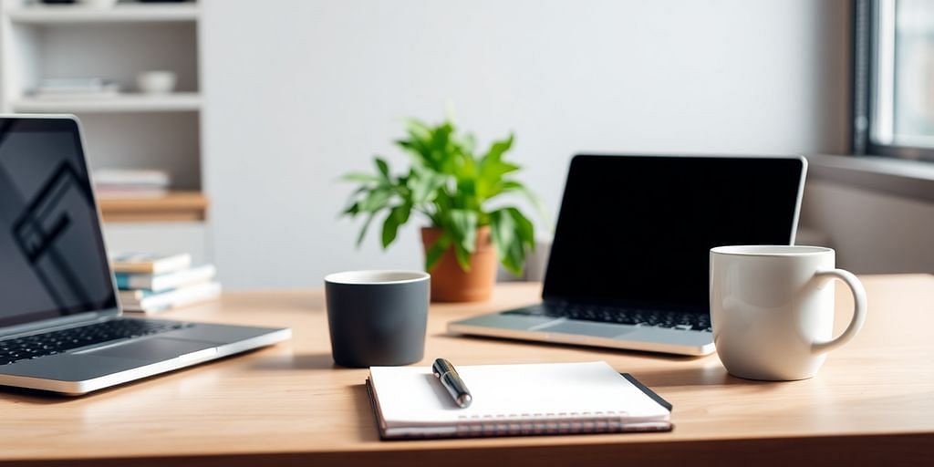 Modern workspace with laptop and notepad for bookkeeping.