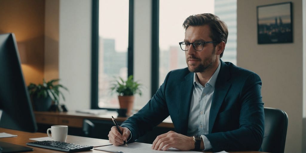 Startup founder consulting with tax advisor at desk.