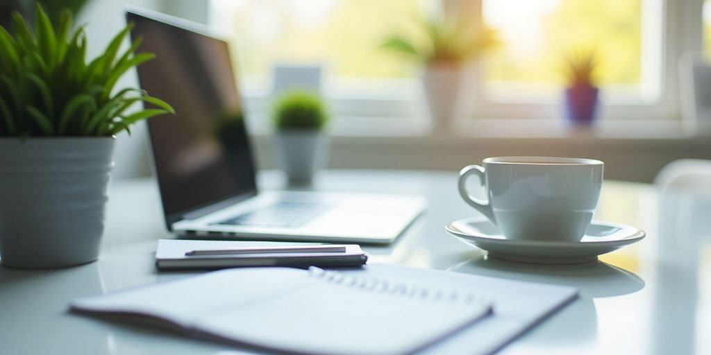 Laptop, notepad, and coffee cup in an office.