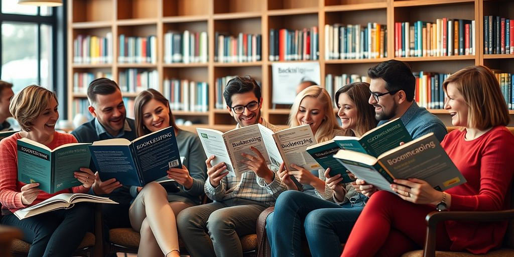 People discussing bookkeeping textbooks in a cozy library.