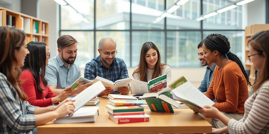 Group discussing bookkeeping textbooks in a modern library.