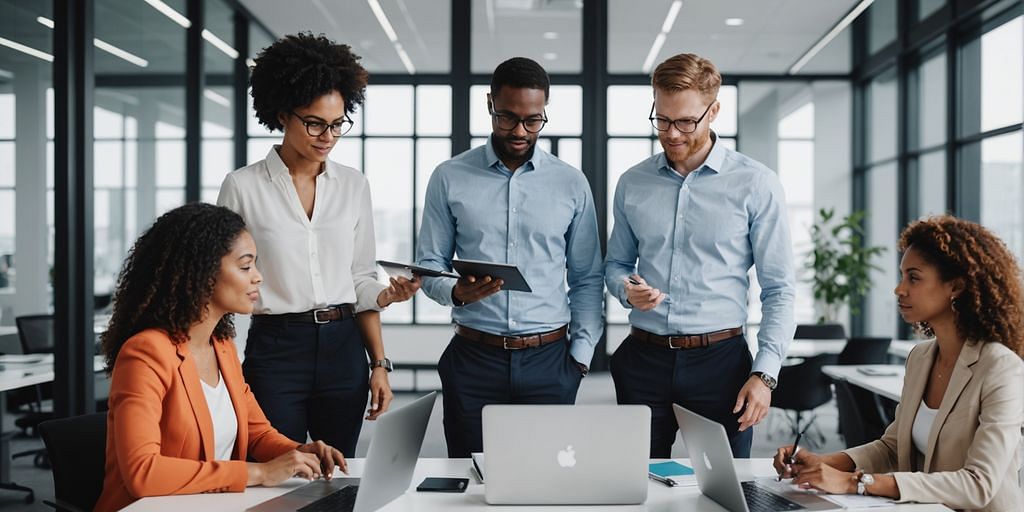 Professionals discussing financial documents in a modern office.