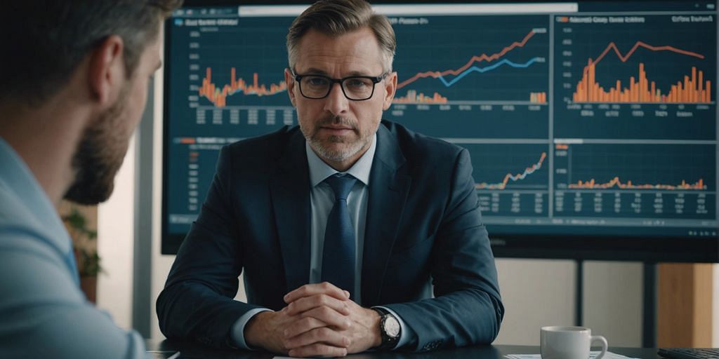 Confident CFO discussing financial strategies with startup team, charts and graphs in background.