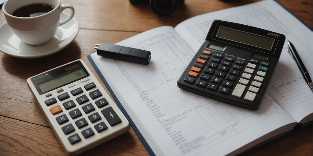 Financial accounting book with calculator and charts on desk