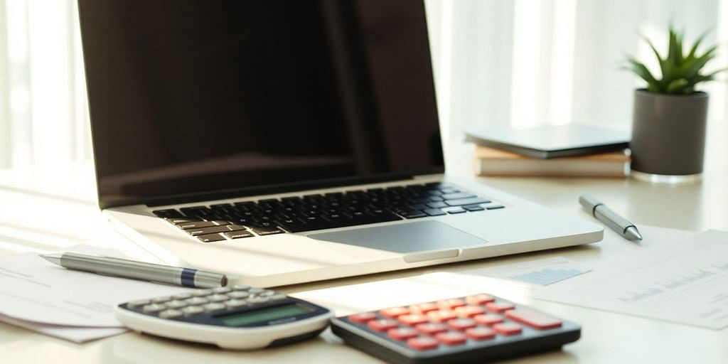 A tidy workspace with a laptop and financial documents.
