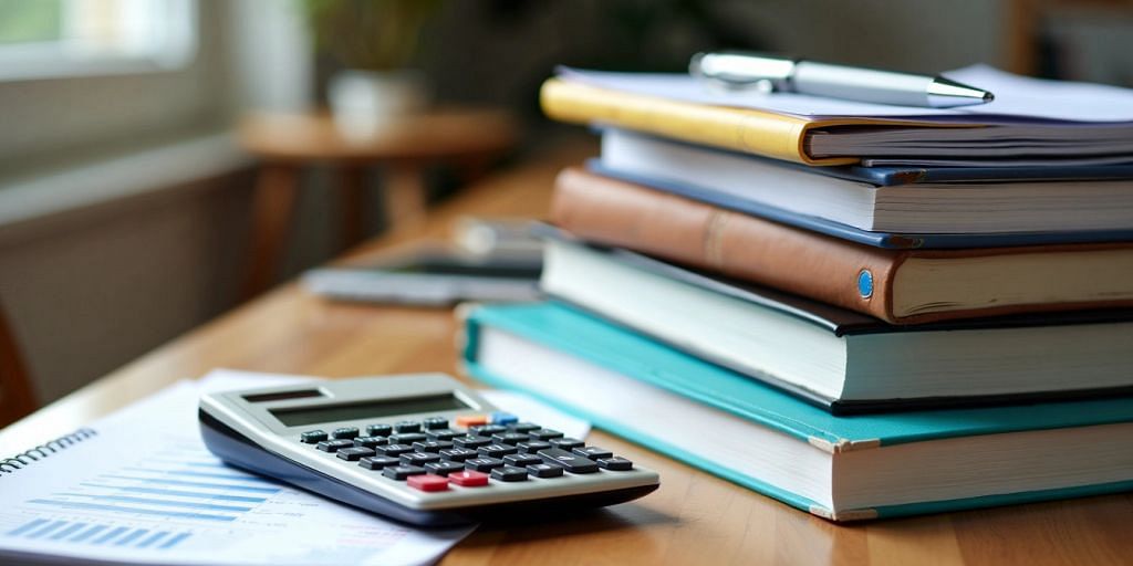 Accounting books with calculator and pen