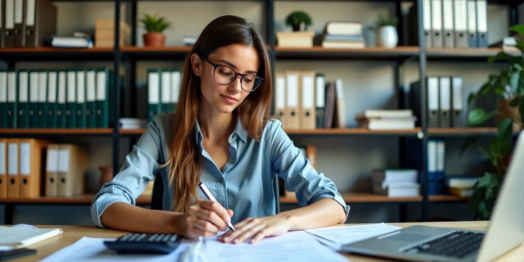 Bookkeeper at desk with financial documents and laptop.