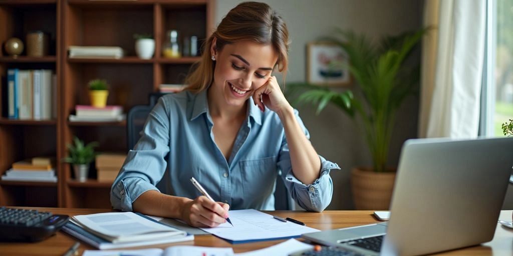 Small business owner with bookkeeping materials