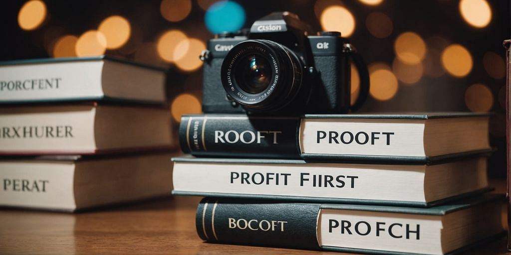 Books stack with 'Profit First' book on top