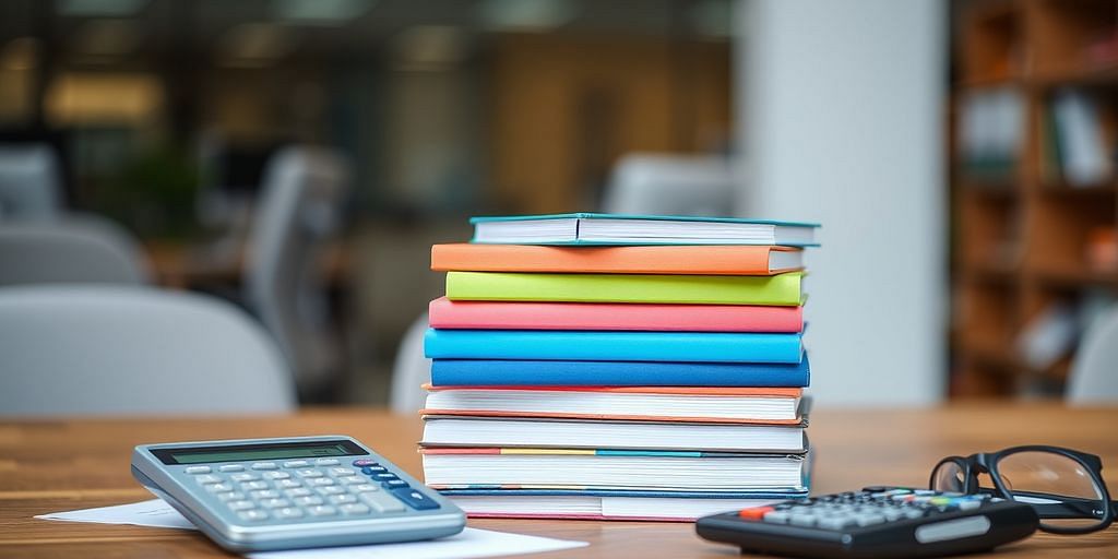 Colorful accounting books with calculator and glasses