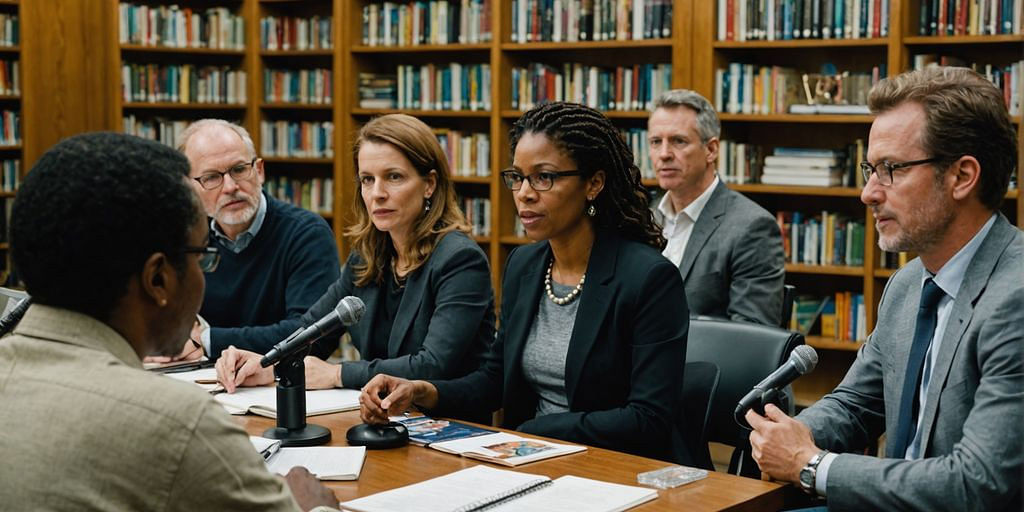 People podcasting around a table with bookshelves.