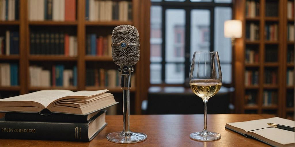 Microphone and prosecco on a desk.