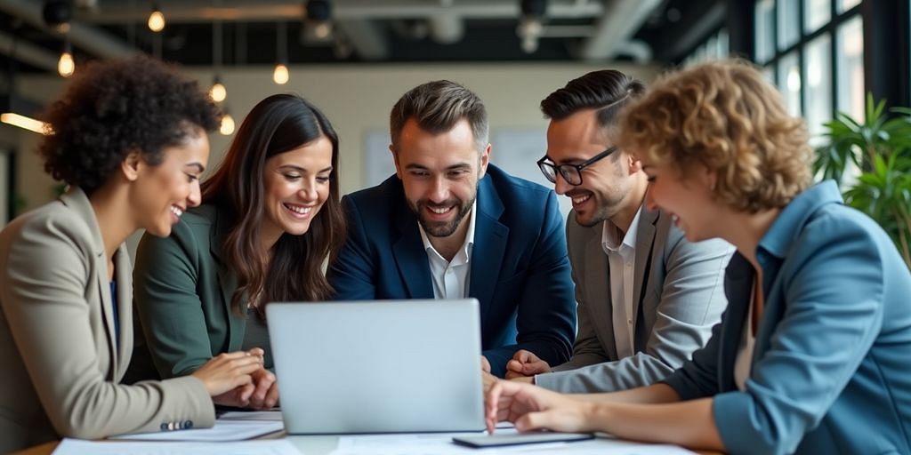 Diverse team collaborating on accounting software in modern office.