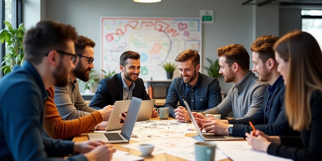 Entrepreneurs collaborating in a modern office setting.
