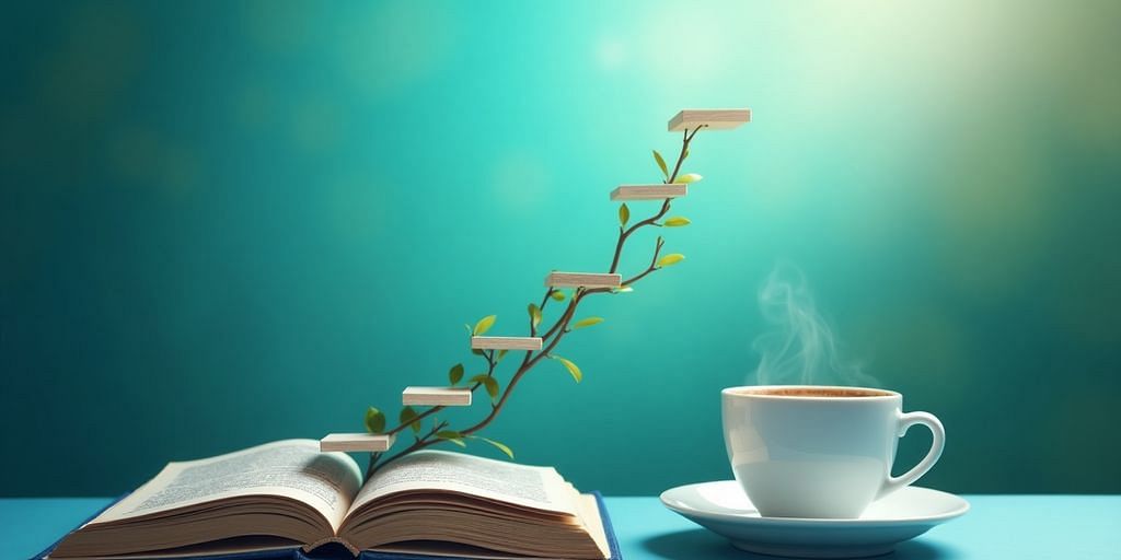 Book cover with staircase, coffee cup, and open book.