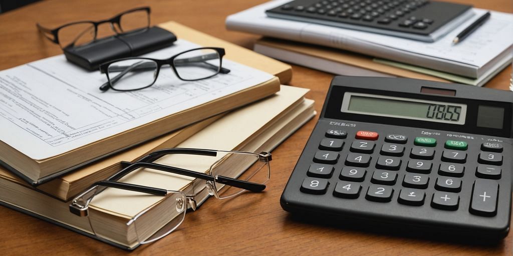 Stack of accounting books with calculator and eyeglasses.