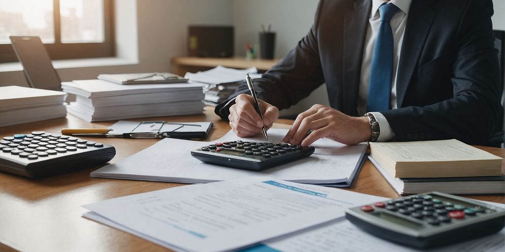 Accountant with books and calculator at desk