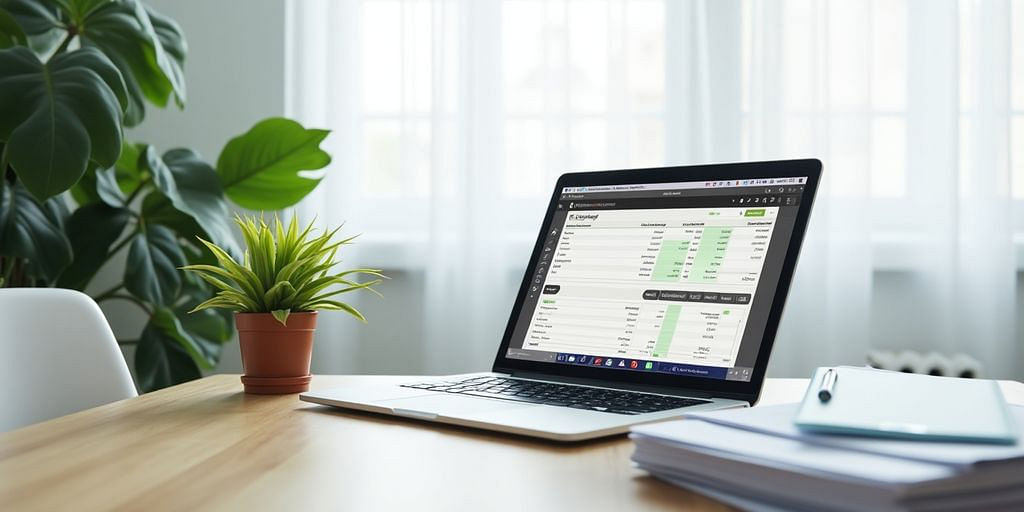 A workspace with a laptop and financial documents.