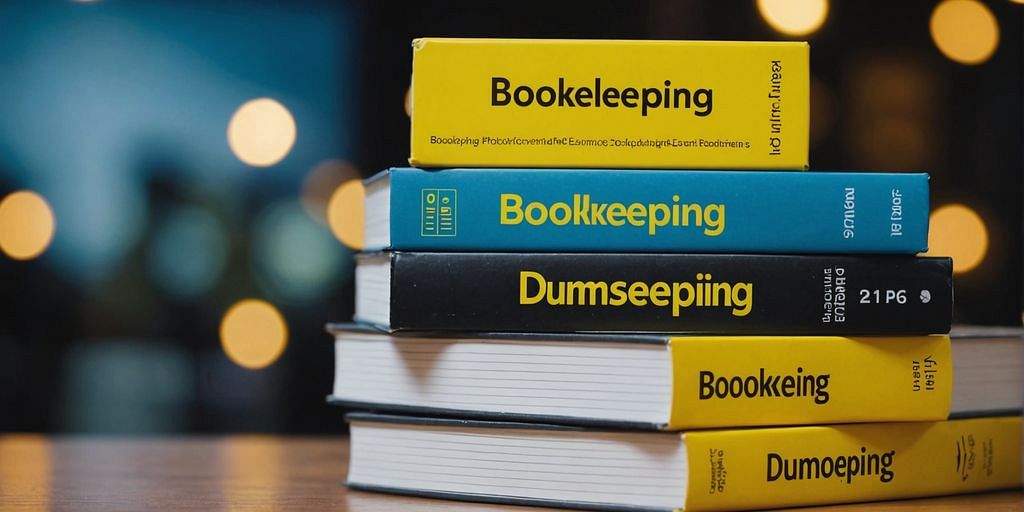 Stack of bookkeeping books, 'Bookkeeping for Dummies' on top.