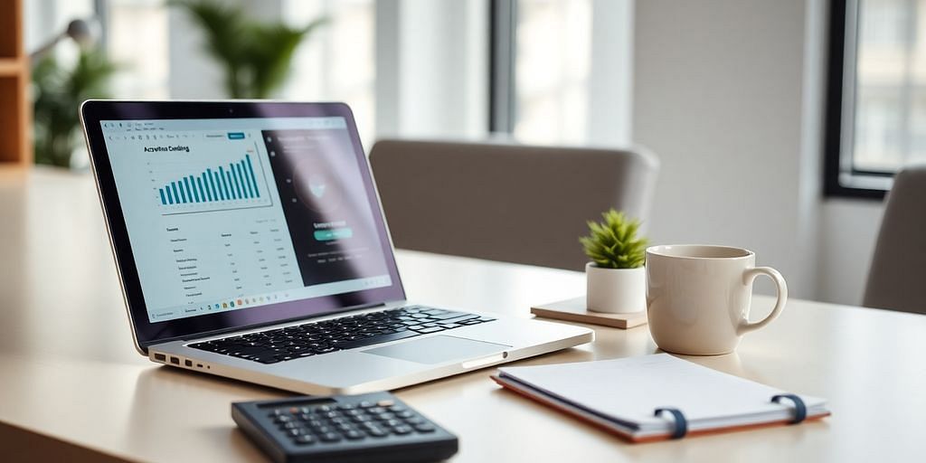 Modern office setup with laptop and accounting tools.