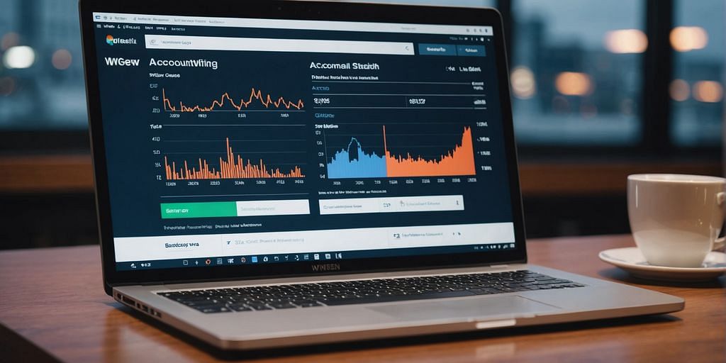 Laptop showing AccountingWEB homepage and financial charts.