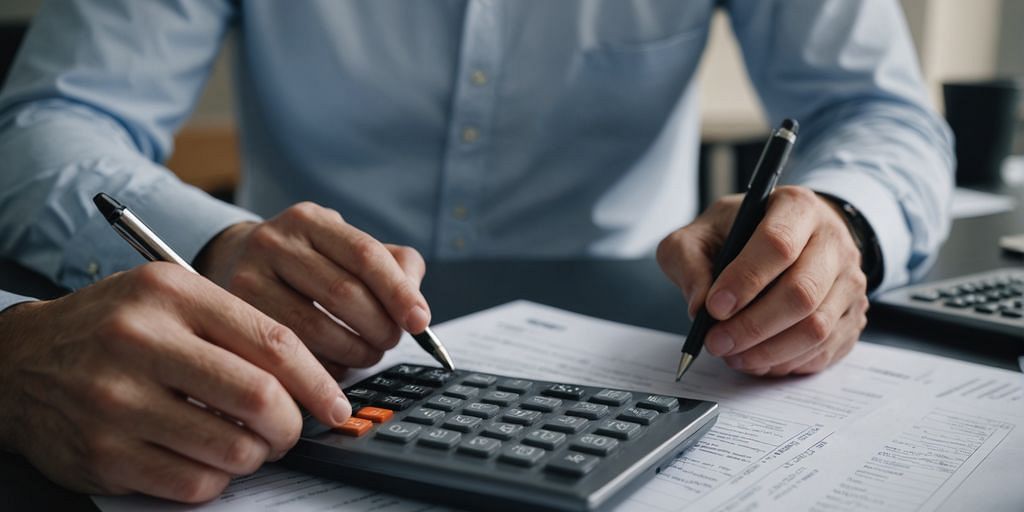 Stressed person with tax documents and calculator.