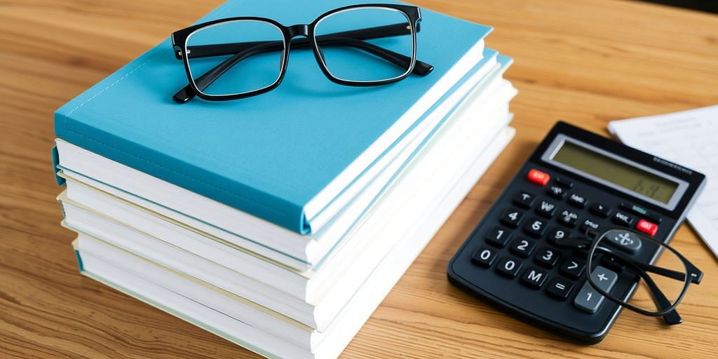 Stack of accounting books with calculator and glasses