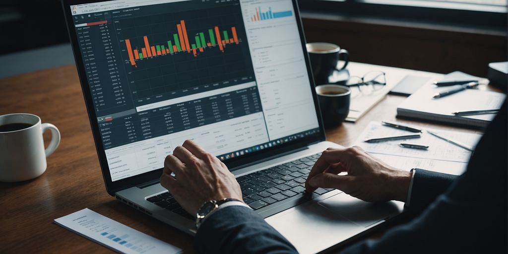 Person learning bookkeeping with charts and laptop