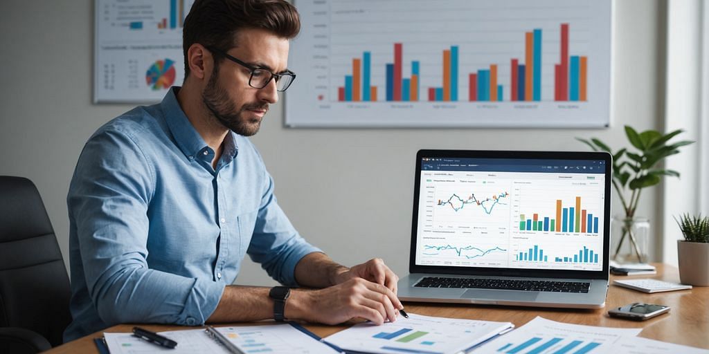 Person on laptop with financial charts.