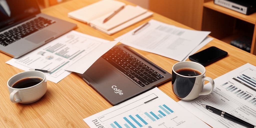 Office desk with laptop and financial documents