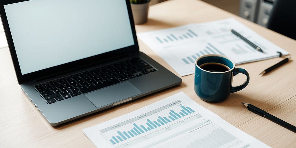 Office desk with laptop and financial documents