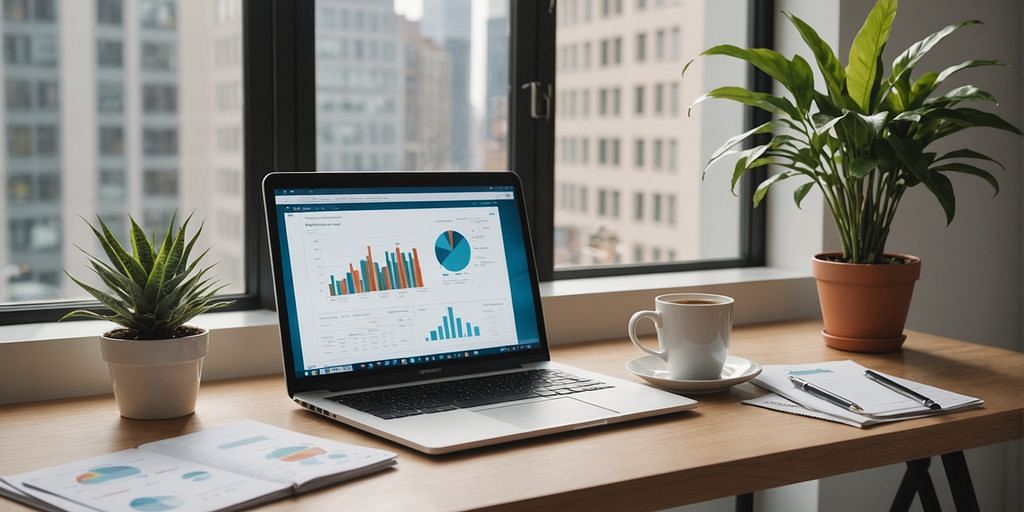 Laptop with financial graphs on office desk