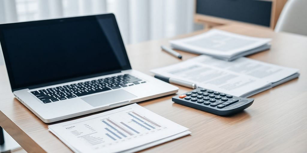 Modern office with laptop and financial documents on desk.