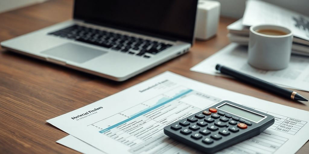 Professional workspace with laptop and financial documents.