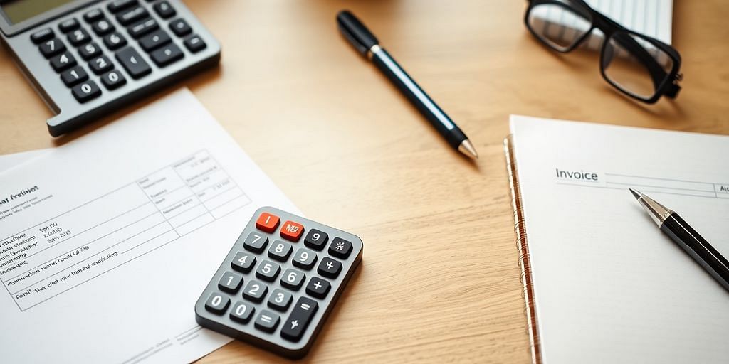 Small business workspace with financial tools and invoices.