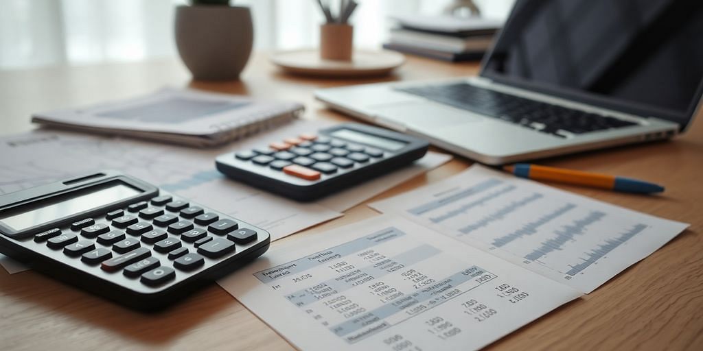 Office scene with calculator and financial documents.
