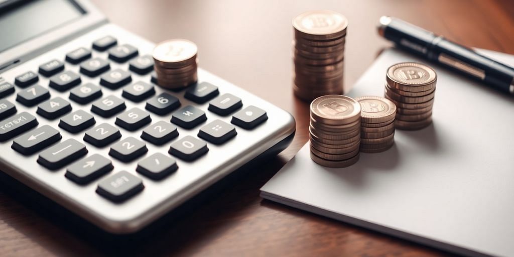 Calculator, coins, and notepad on a wooden desk.