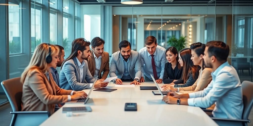 Diverse team collaborating in a modern office setting.