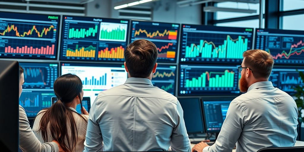 Professionals analyzing financial data on screens in an office.