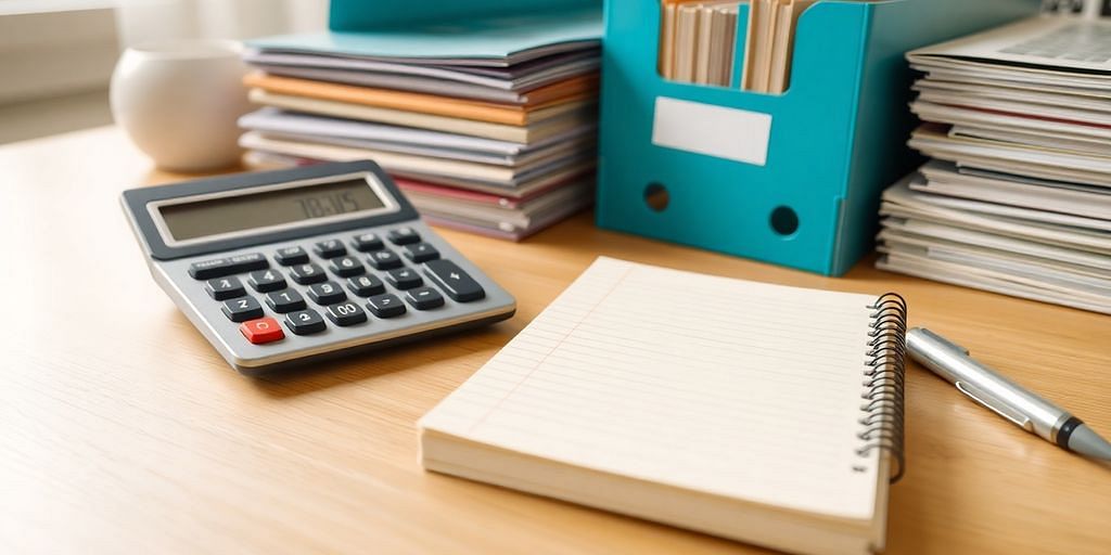 Calculator and notepad in a well-organized workspace.