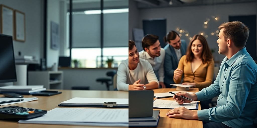 An office scene highlighting bookkeeping and business discussion.
